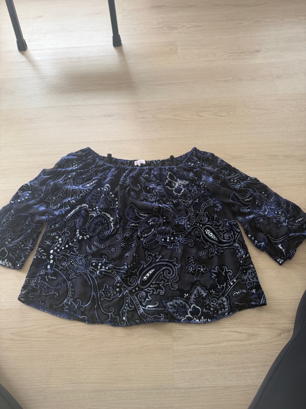 Parker Navy and Light Blue Off-Shoulder Paisley Blouse